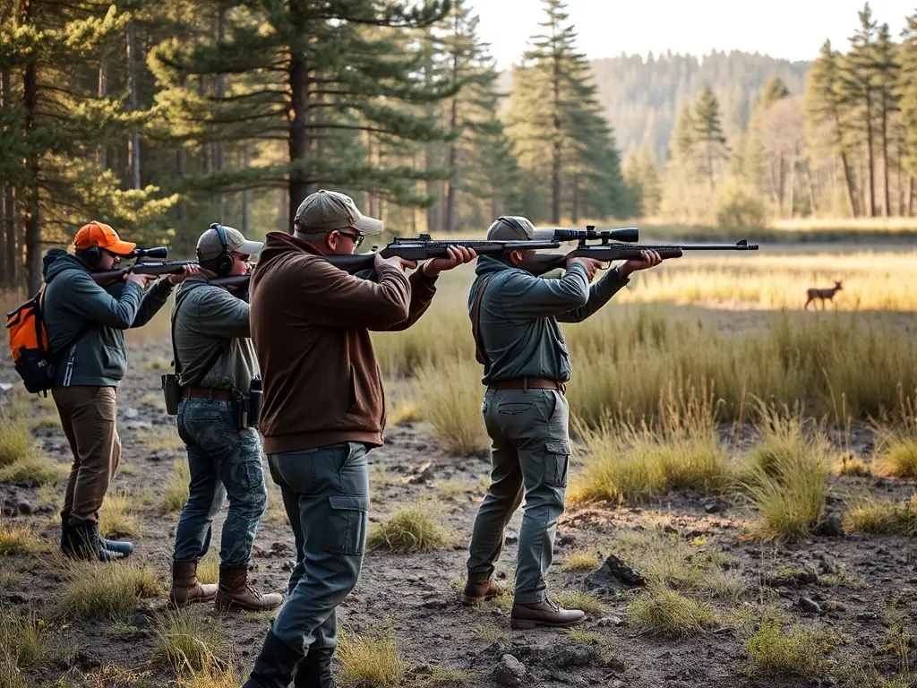 A photograph capturing a group of hunters participating in a controlled hunt in the Blérancourt region, emphasizing responsible hunting practices and adherence to local regulations.