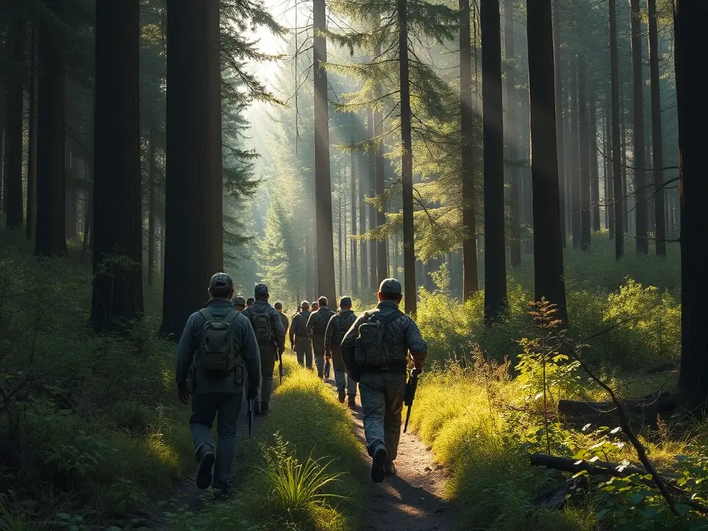 A group of hunters in camouflage gear walking through a dense forest during a guided hunting expedition, emphasizing responsible hunting practices.