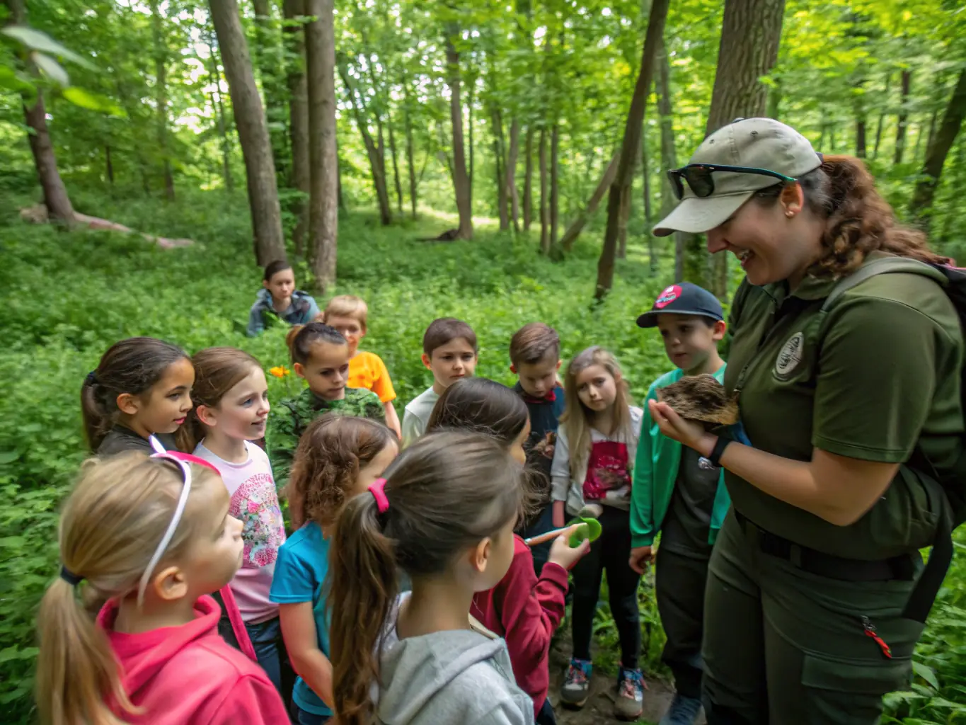 A group of students participating in a wildlife education workshop, learning about local flora and fauna and conservation techniques.